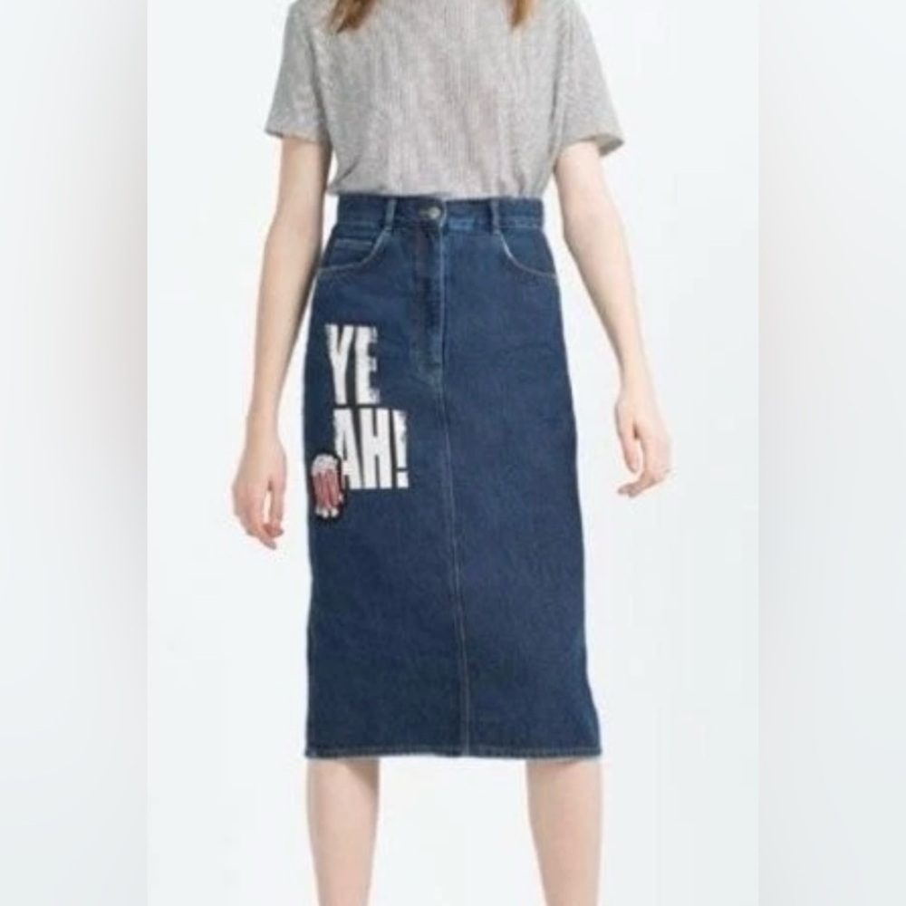 Zara “Yeah” Popcorn Denim Jean Midi Skirt Sequin Small Appliqué